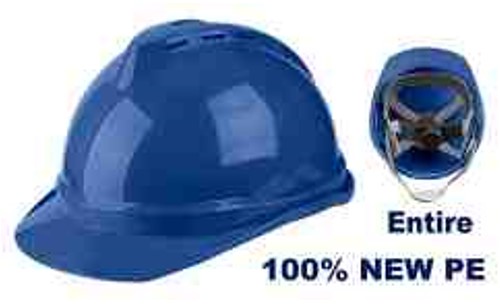 Blue HDPE Safety Helmet with Adjustable Chin Strap V-type Top Reinforcement - 4-Point Suspension Construction Worker Safety Hard Hat Ratchet Adjustment 380g Weight